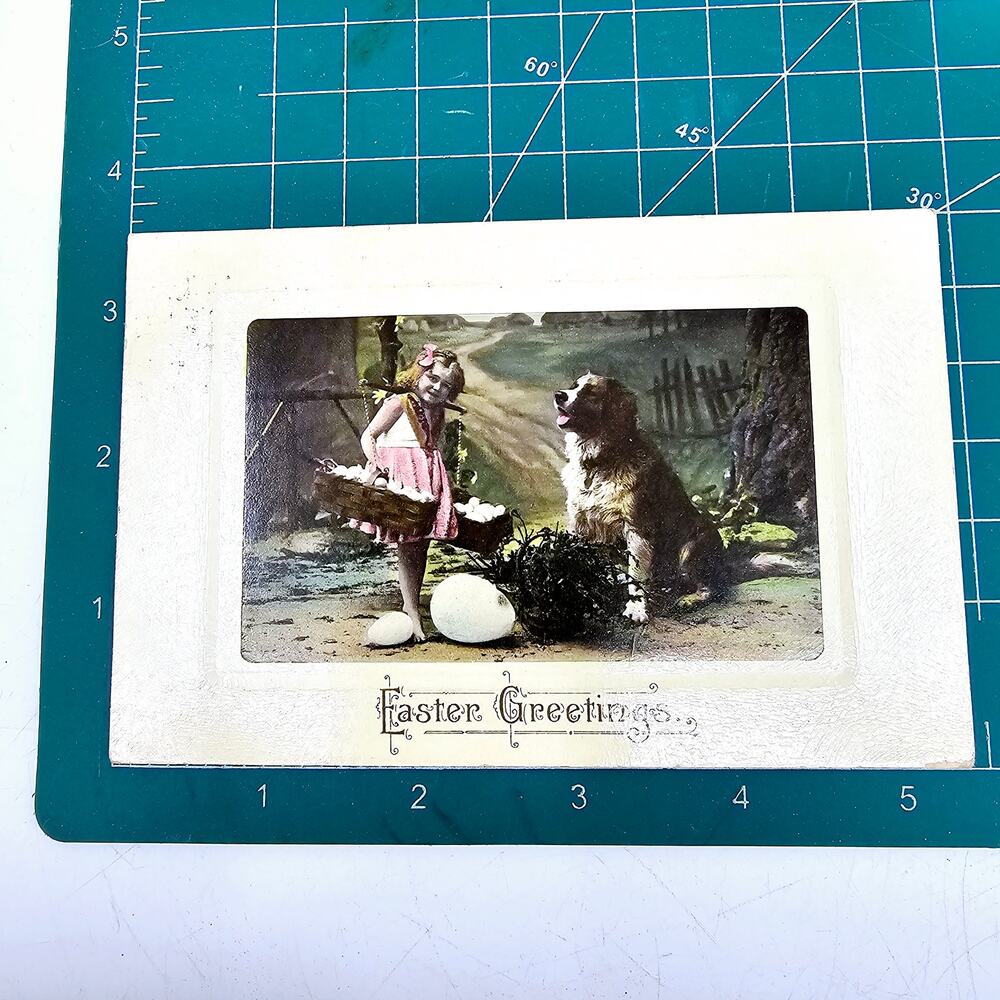 1909 Antique Postcard Easter Greetings Little Girl & Saint Bernard Dog Posted - Picture 5 of 7